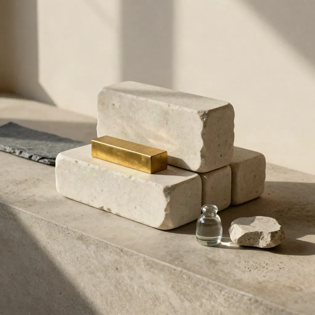 Stone capital-planning objects on a warm concrete ledge in soft daylight