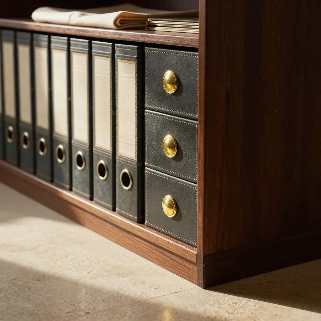 Closed archive cases and a brass seal on a dark oak cabinet in warm editorial light.