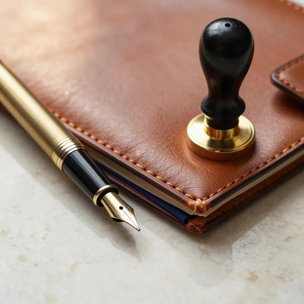 Macro of a brass pen nib, leather folio corner and black lacquer seal stamp on travertine.