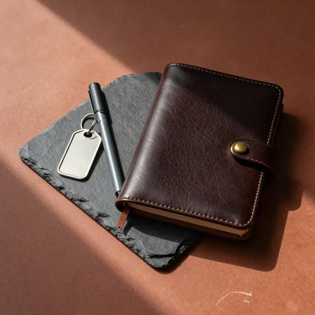 Slate markers, a silver key tag and leather ledger on terracotta plaster, seen from above.