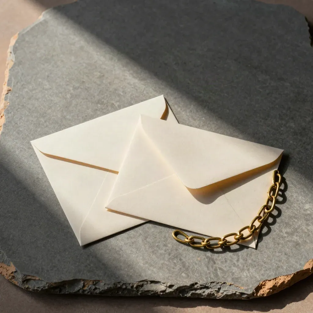 Ivory envelopes and brass chain on pale stone, overhead flatlay for investor outreach.