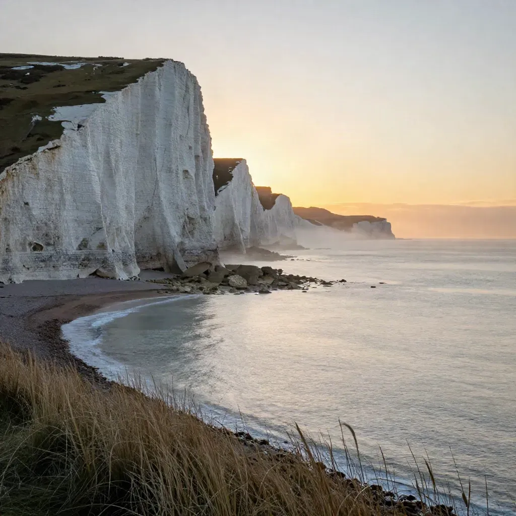 Dawn view of the White Cliffs of Dover above a calm sea