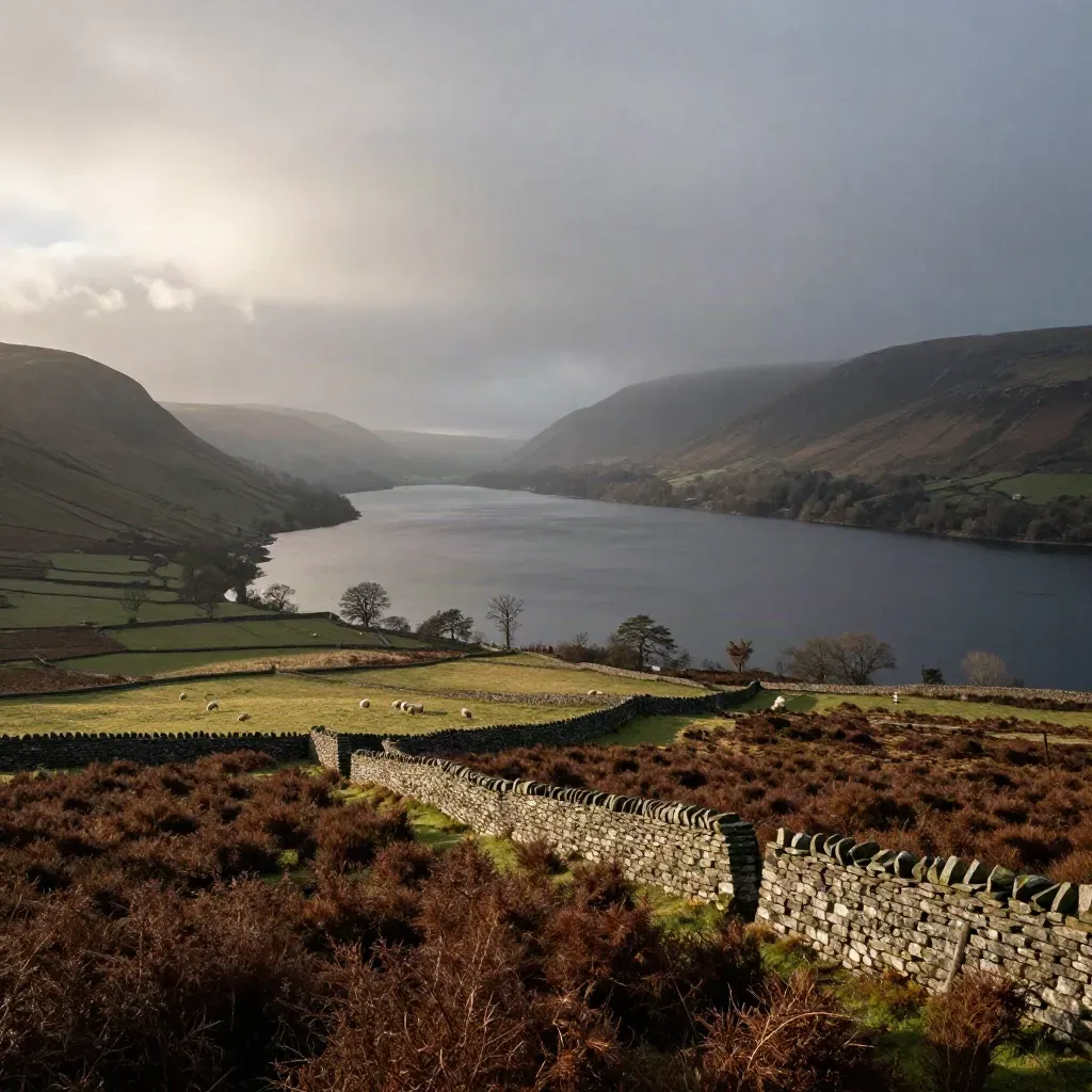 Lake District ridge above a slate reservoir in first light, wrapped in rain haze.